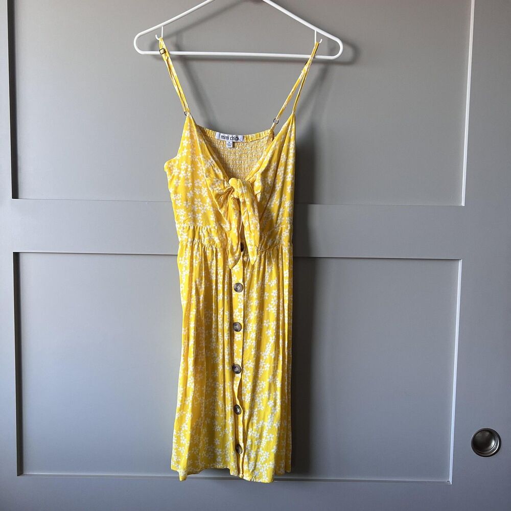 Mimi Chica Dress Womens Medium Yellow Floral Sundress‎ Button Front Tie Front